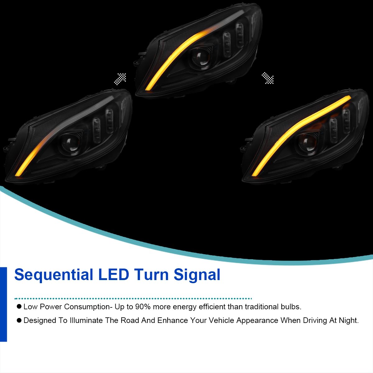 Black SPEC-D TUNING Projector Headlights w/Switchback LED Strips and Sequential Turn Signal Compatible with 2015-2018 Mercedes-Benz C-Class W205
