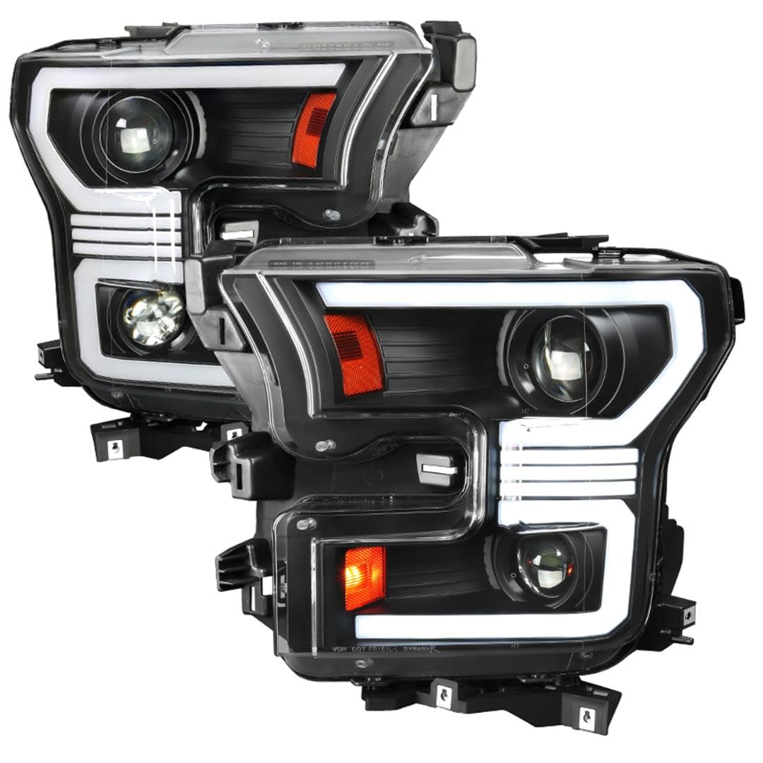 Dual Projector Headlights SPEC-D TUNING Black w/Switchback Sequential LED Tube Signal Compatible with 2015-2017 Ford F150 Left + Right Pair Headlamps Assembly