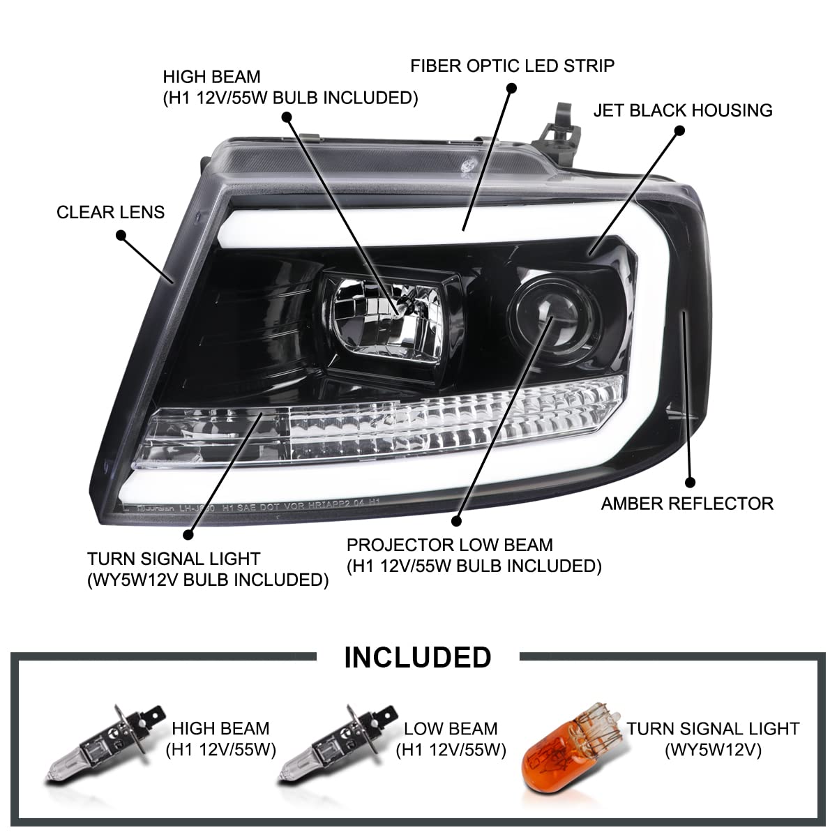Jet Black LED Tube Projector Headlights SPEC-D TUNING Compatible with 2004-2008 Ford F-150, 2006-2008 Lincoln Mark LT, Left + Right Pair Headlamps Assembly