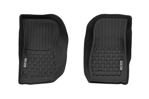 Rough Country Front Flex-Fit Floor Mats for Jeep Wrangler Unlimited 4-Door (2014-2018) - Custom All-Weather TPE Mats with Spill Saver Lip & Non-Slip Surface