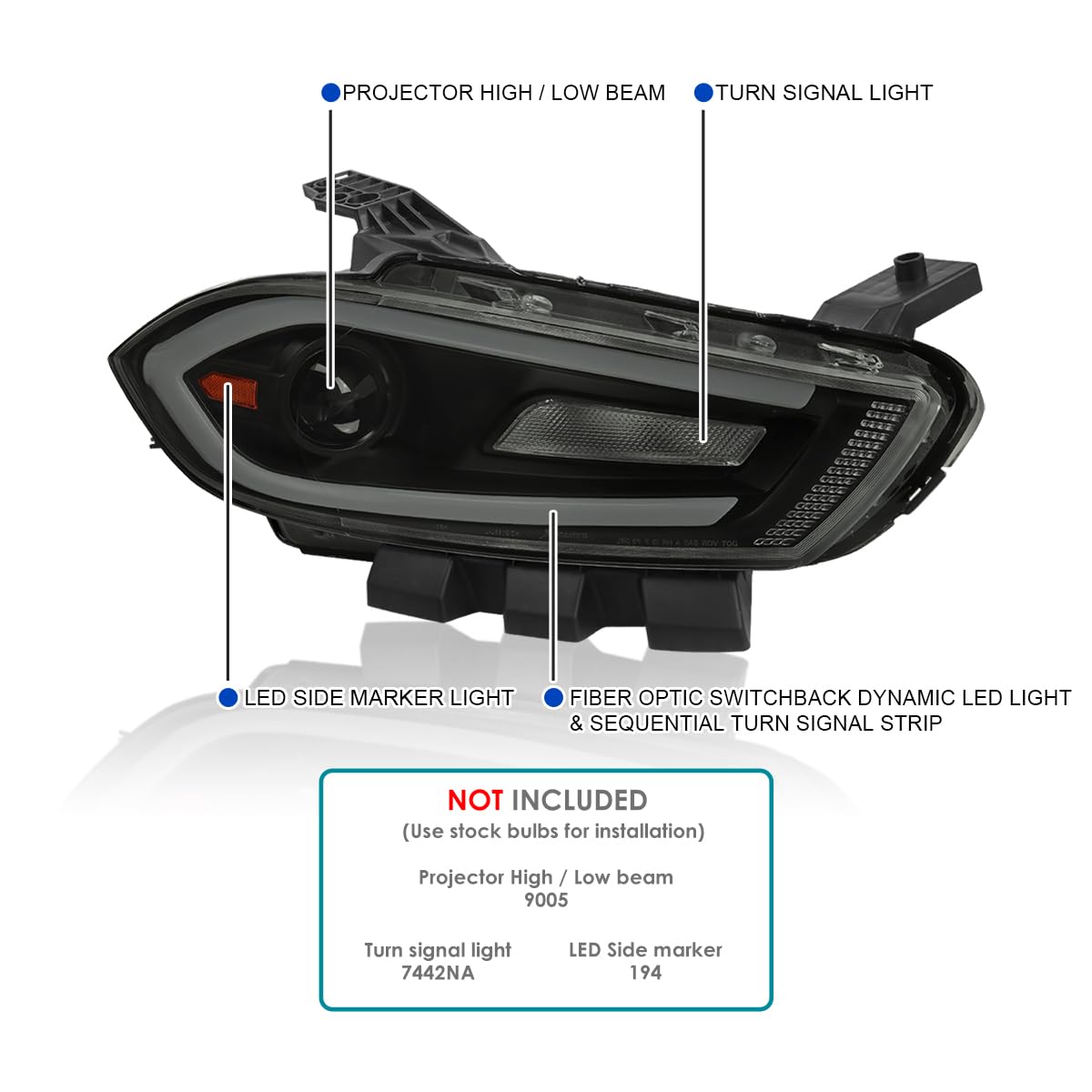 Black Smoke SPEC-D TUNING Projector Headlights w/Switchback Sequential LED Signal Tube and Startup Animation Compatible with 2013-2016 Dodge Dart, Left + Right Pair Headlamps Assembly
