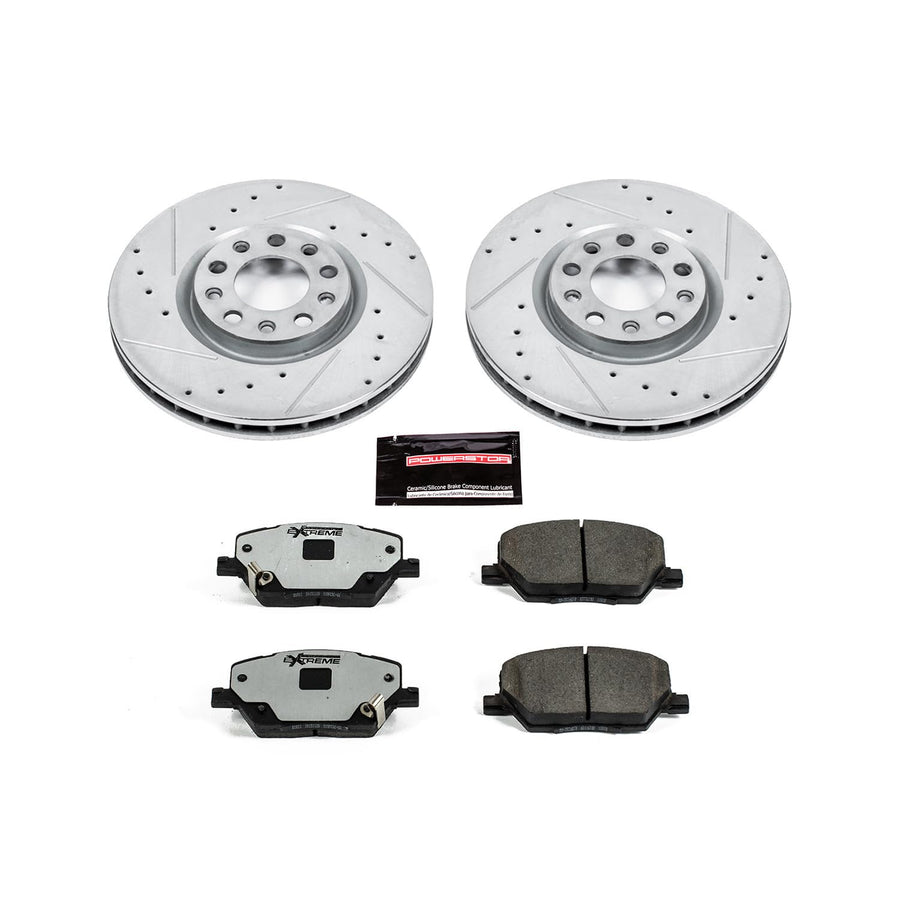 Power Stop Front Brake Kit For 2016 2017 2018 2019 2020 2021 Fiat 500X - Carbon Fiber Ceramic Brake Pads & Truck & Tow Drilled and Slotted Rotors Replacement, K7299-36