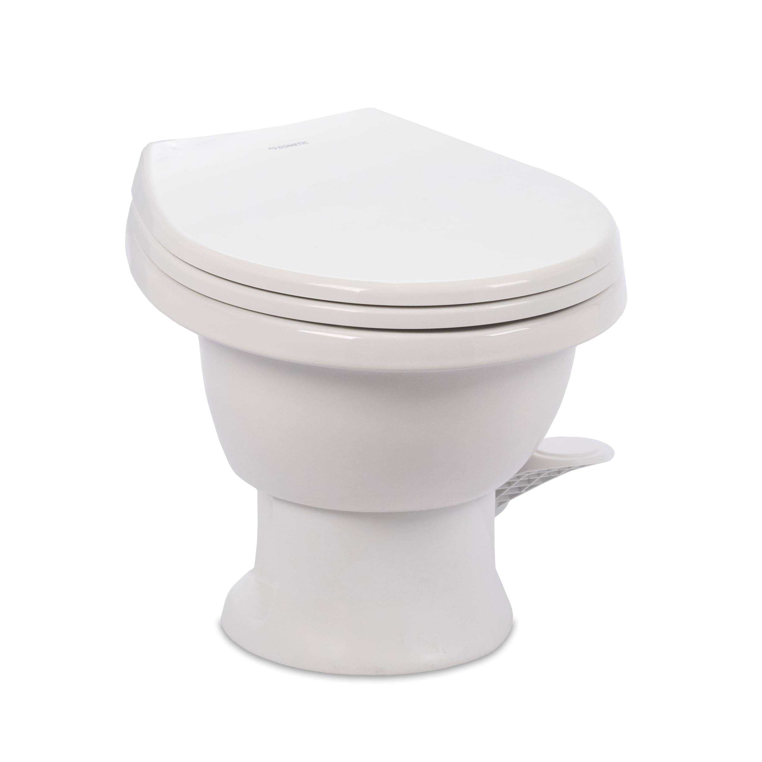 Dometic Model 411 RV Toilet Complete – Round Porcelain Bowl, Universal Fit & 2-Bolt Mount, Low-Profile 13–5/8" Seat Height, Gravity Flush Toilet with Soft-Close Seat, White (9610008263)