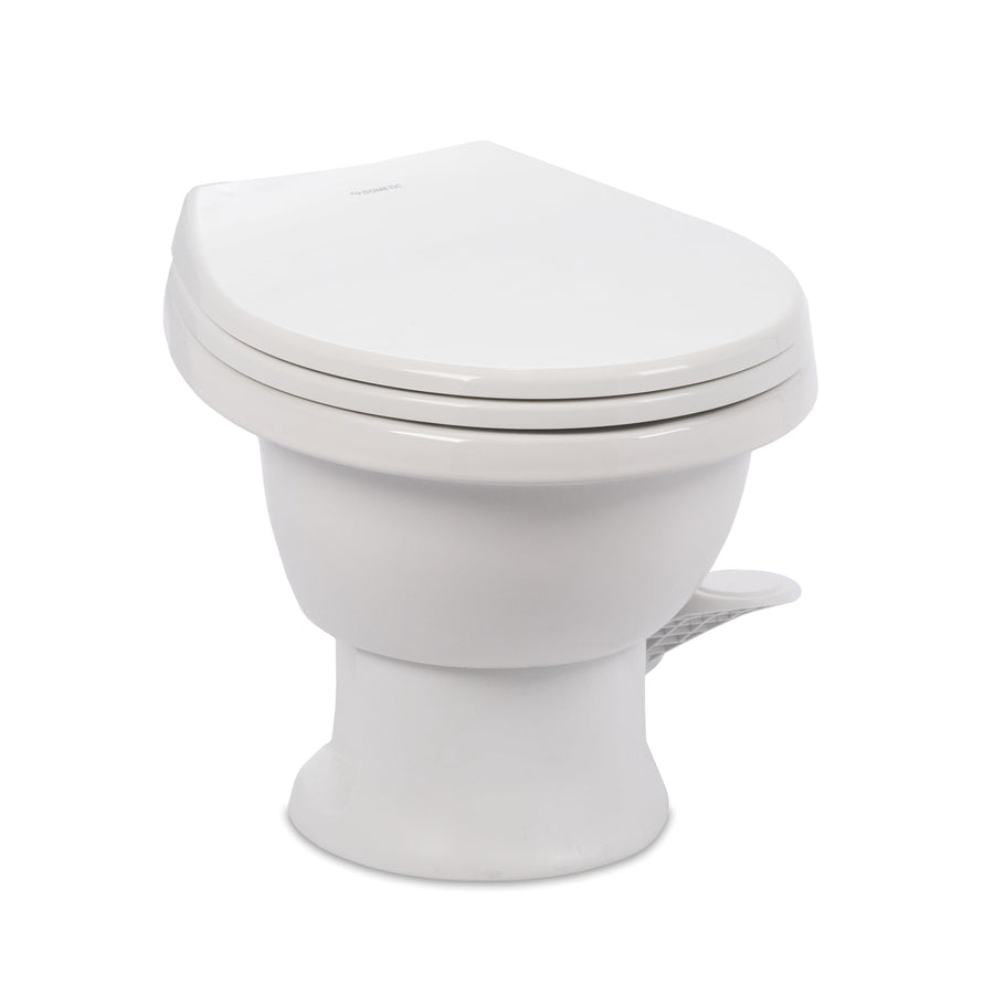 Dometic Model 411 RV Toilet Complete – Round Porcelain Bowl, Universal Fit & 2-Bolt Mount, Low-Profile 13–5/8" Seat Height, Gravity Flush Toilet with Soft-Close Seat, White (9610008263)