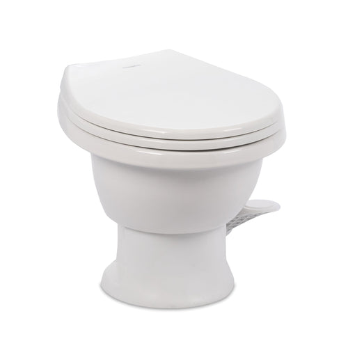 Dometic Model 411 RV Toilet Complete – Round Porcelain Bowl, Universal Fit & 2-Bolt Mount, Low-Profile 13–5/8" Seat Height, Gravity Flush Toilet with Soft-Close Seat, White (9610008263)