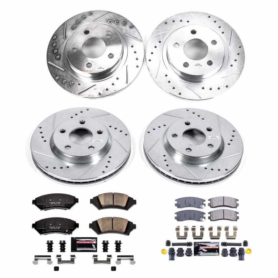 Power Stop K8438 Z23 Carbon Fiber Brake Pads Front and Rear with Drilled & Slotted Brake Rotors Kit For Cadillac DeVille 2005 [Model Specific]