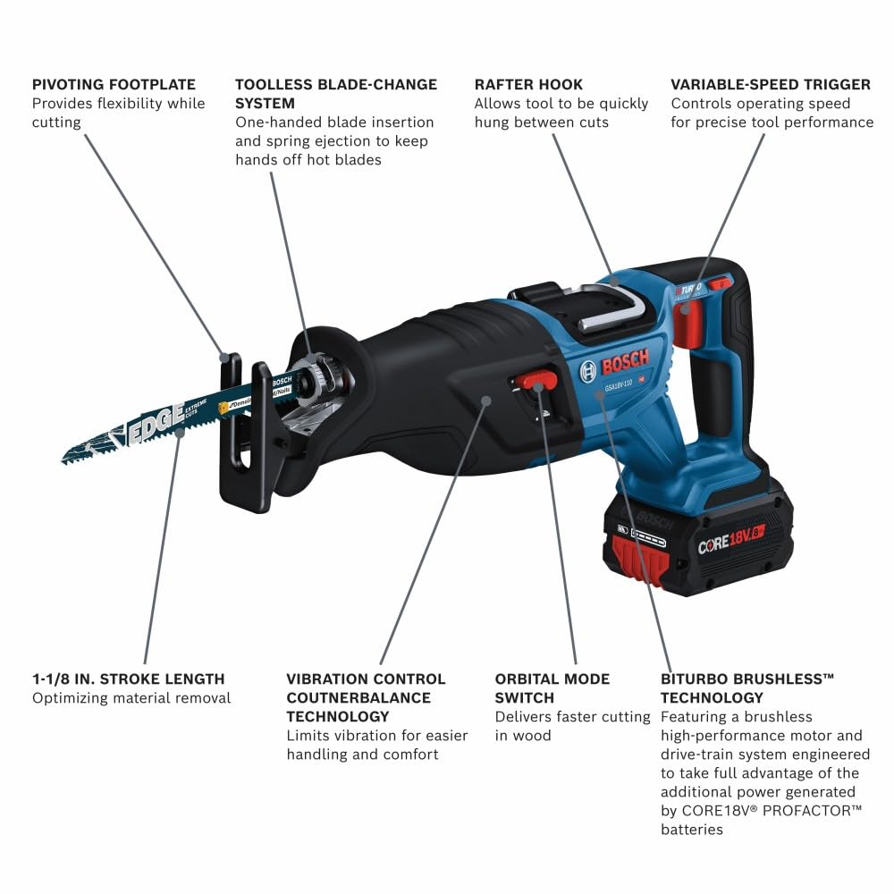 PROFACTOR™ BOSCH GSA18V-110B14 18V 1-1/8 In. Reciprocating Saw Kit with (1) CORE18V 8.0 Ah Performance Battery