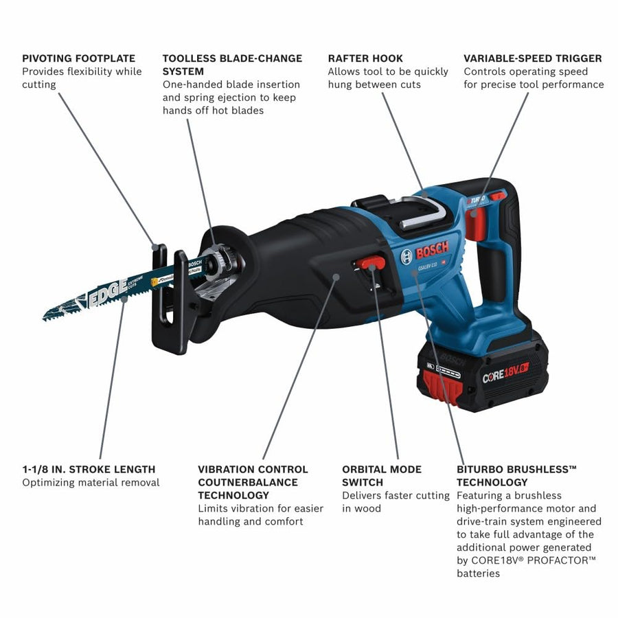 PROFACTOR™ BOSCH GSA18V-110B14 18V 1-1/8 In. Reciprocating Saw Kit with (1) CORE18V 8.0 Ah Performance Battery
