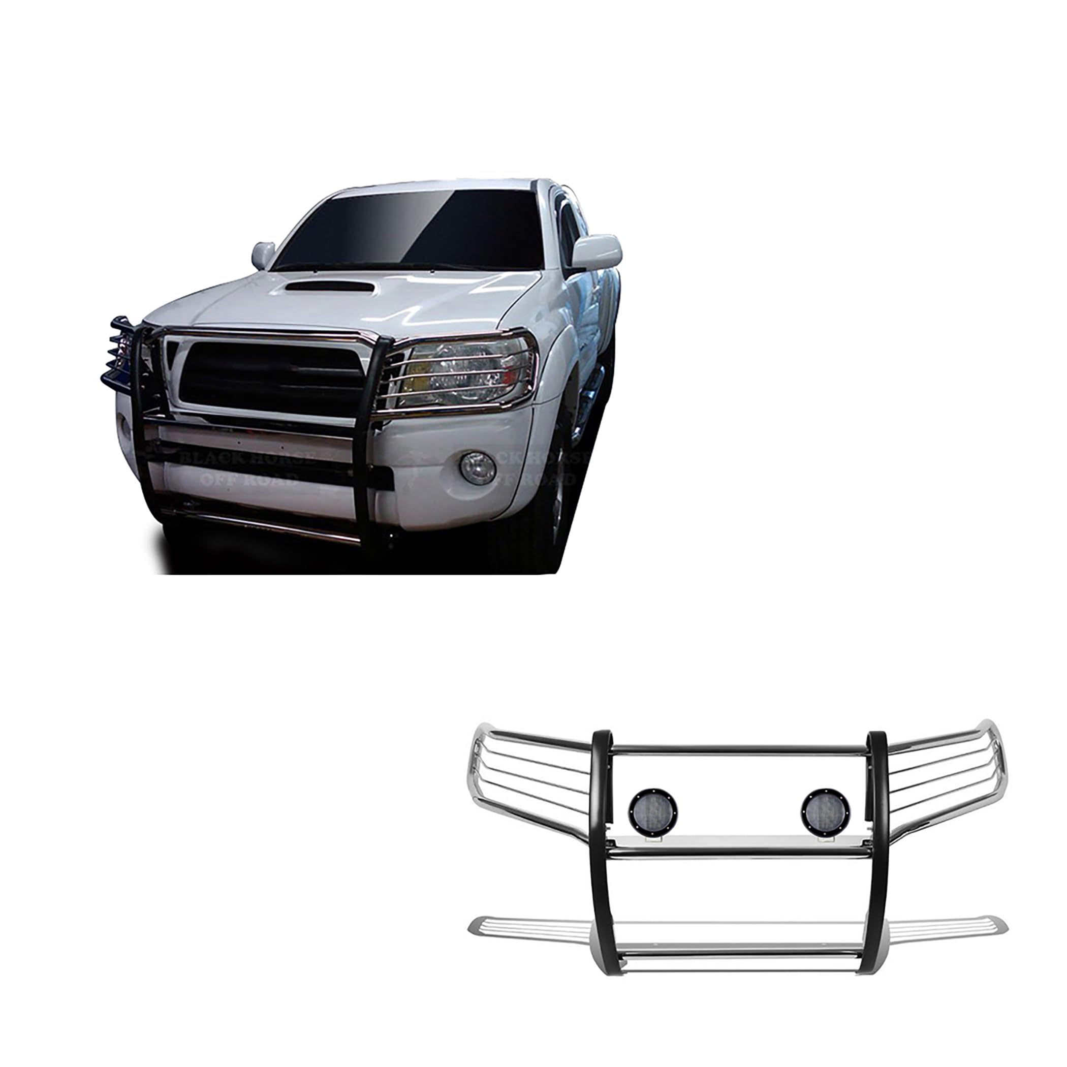 Bumper Guard Black Horse Grille Brush Modular Stainless Steel Come with Pair of 5.3" Dia.LED Lights with Black Trim Rings Compatible with 2005-2015 Toyota Tacoma-17A096400MSS-PLFB