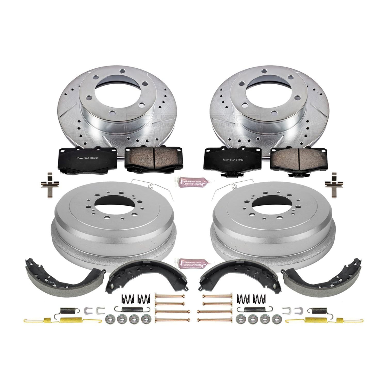 Power Stop K15212DK Z23 Carbon Fiber Brake Pads Front and Rear with Drilled & Slotted Brake Drums Kit For Toyota 4Runner 2001-2002, Toyota Tacoma 2003-2004 [Model Specific]
