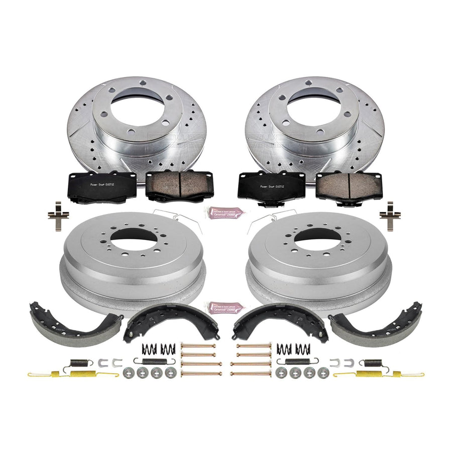 Power Stop K15212DK Z23 Carbon Fiber Brake Pads Front and Rear with Drilled & Slotted Brake Drums Kit For Toyota 4Runner 2001-2002, Toyota Tacoma 2003-2004 [Model Specific]