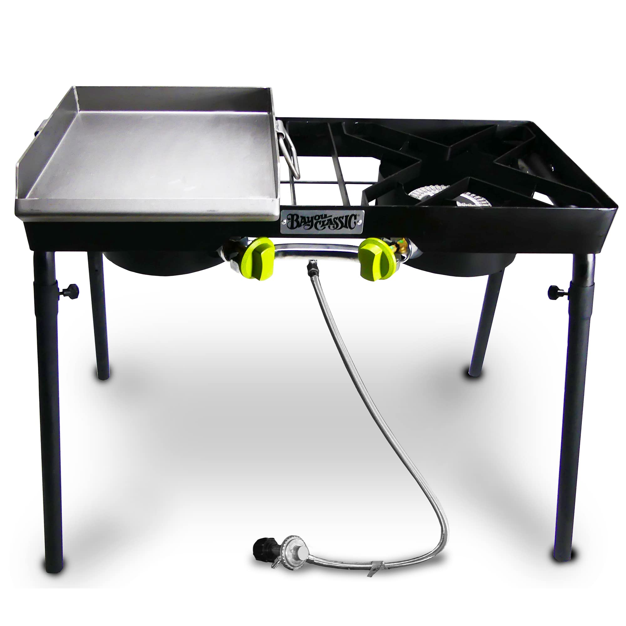 Bayou Classic Camp Stove Dual Patio w/Single Griddle Features Dual 6-in Cast Aluminum Burners 27-in Tall Cooker 13.5-in x 13.5-in Square Removable Griddle Perfect For Backyard Chefs Tailgates