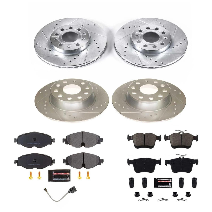 Power Stop K8365, Front and Rear Z23 Brake Kit-Drilled/Slotted Brake Rotors & Carbon Ceramic Brake Pads and 1 Front Sensor Wire For Volkswagen Jetta 2019-2022 [Model Specific]