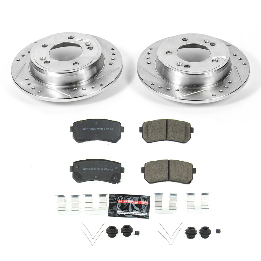Power Stop K8277 Z23 Carbon Fiber Brake Pads Rear with Drilled & Slotted Brake Rotors Kit For Hyundai Kona 2018-2022 [Model Specific]