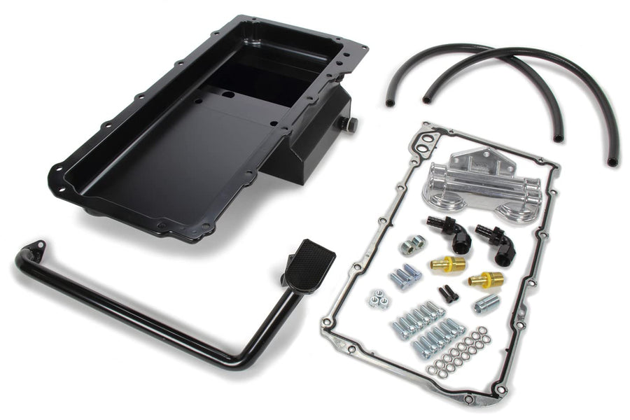 LS SWAP OIL PAN/FILTER RELOCATION KIT; TRANS-DAPT PERFORMANCE; DOUBLE FILTER; HORIZONTAL PORT; BLACK PAN (0182)
