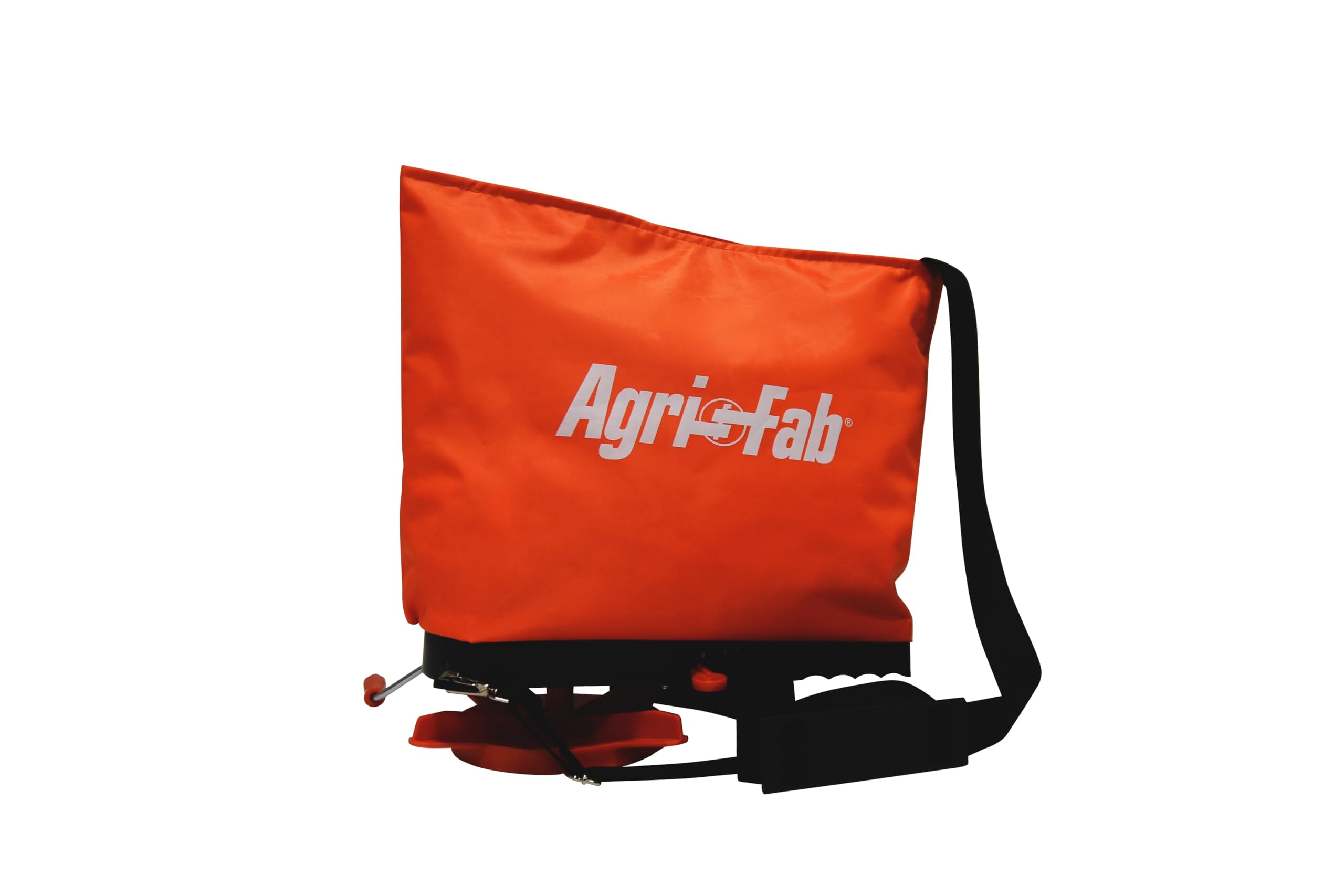 25 lb. Agri-Fab Handheld Bag Seeder Spreader with Waterproof Bag, Enclosed Gears, Adjustable Shoulder Strap, Rear Baffle, Orange