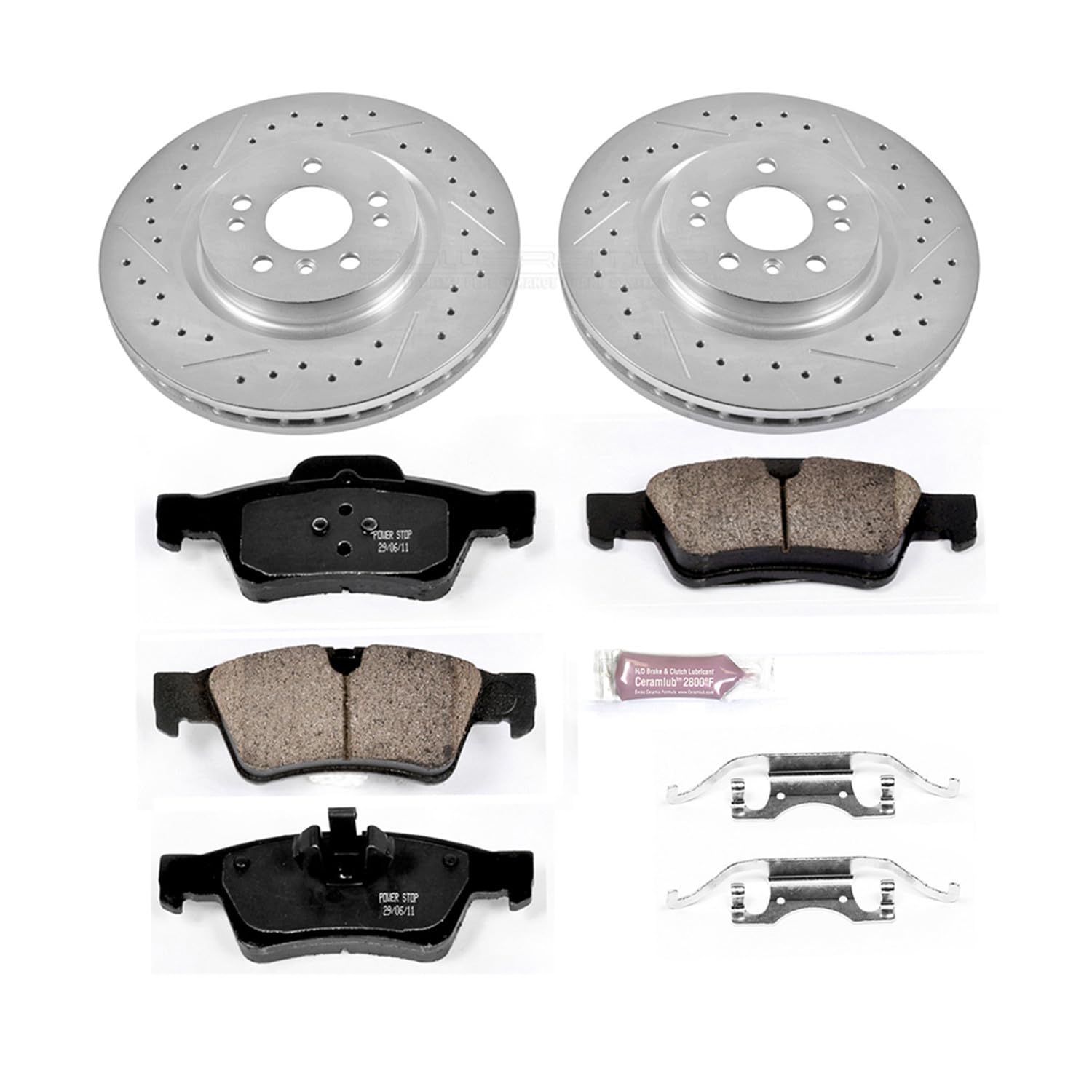 Power Stop K6712 Z23 Carbon Fiber Brake Pads Rear with Drilled & Slotted Brake Rotors Kit and 1 Rear Sensor Wire For ML320, ML350, ML450, ML500, R320, R350, R500 [Model Specific]