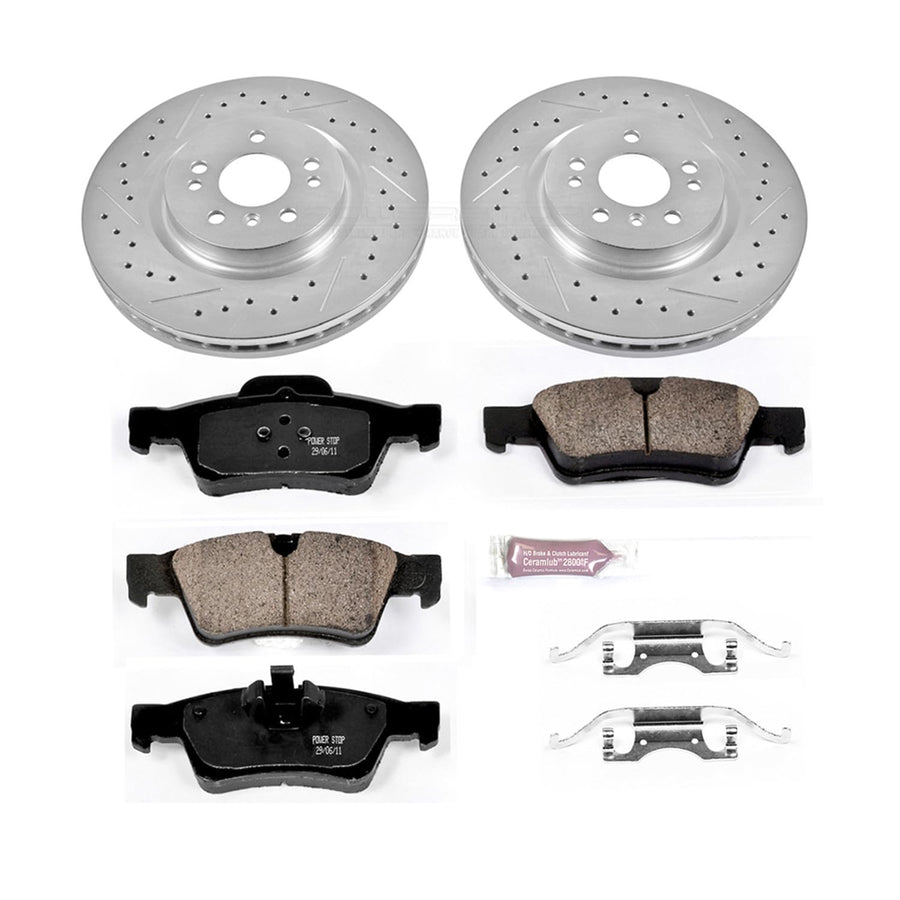 Power Stop K6712 Z23 Carbon Fiber Brake Pads Rear with Drilled & Slotted Brake Rotors Kit and 1 Rear Sensor Wire For ML320, ML350, ML450, ML500, R320, R350, R500 [Model Specific]
