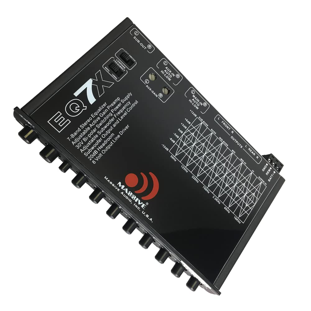 EQ7X Massive Audio Car Equalizer with 7 Band Graphic Equalizer Aux inputs Sub Output Active Gain Preamp 8v Line Driver - 12dB Crossover Auto Hi-Low Line Input