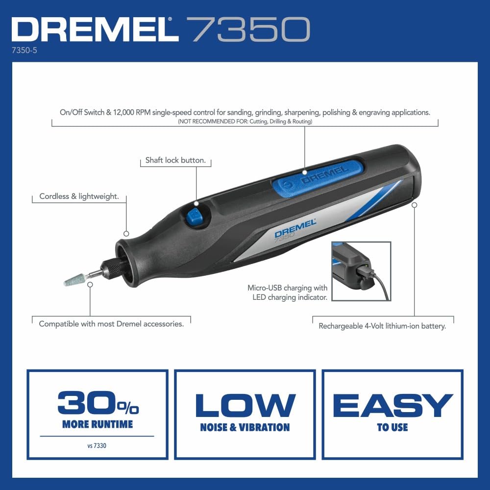 Dremel 7350 Cordless Rotary Tool Kit 4V with 5 Accessories and USB-C Rechargeable Battery - Single Speed for Carving, Engraving, Sanding and Cleaning