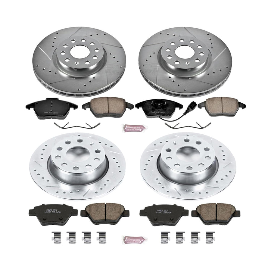 Front and Rear Brake Kit PowerStop For Audi A3 2010-13 |A3 Quattro 2010-13 |Volkswagen Beetle 2012 |Eos 2009-16 - Drilled and Slotted Disc Rotors with Ceramic Brake Pads Replacement, K5801