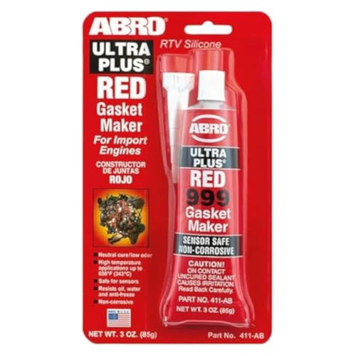Ultra Plus ABRO 999 RTV Silicone Sealant and Gasket Maker, for Import Engines, Sensor Safe, Non-Corrosive, High Temp Silicone Sealant, 650 Degrees F, 3 oz. Tube - Red