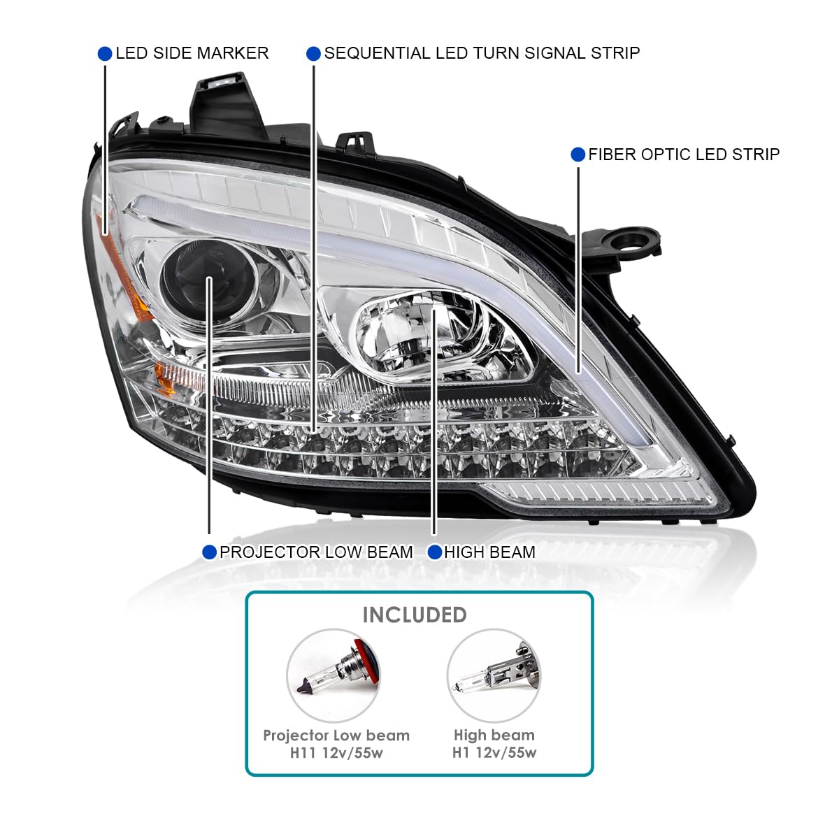 Chrome Projector Headlights SPEC-D TUNING with LED Sequential Turn Signals Compatible with 2009-2011 Mercedes Benz W164 ML320, Left + Right Pair Headlamp Assembly