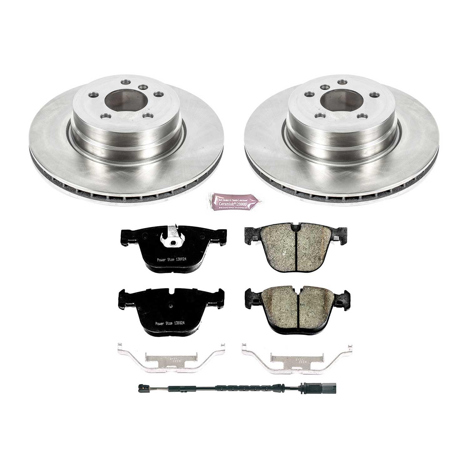 Power Stop KOE7430 Rear Replacement Brake Kit-OE Brake Rotors & Ceramic Brake Pads and 1 Rear Sensor Wire For BMW X5 2011-2018, BMW X6 2011-2018 [Model Specific]