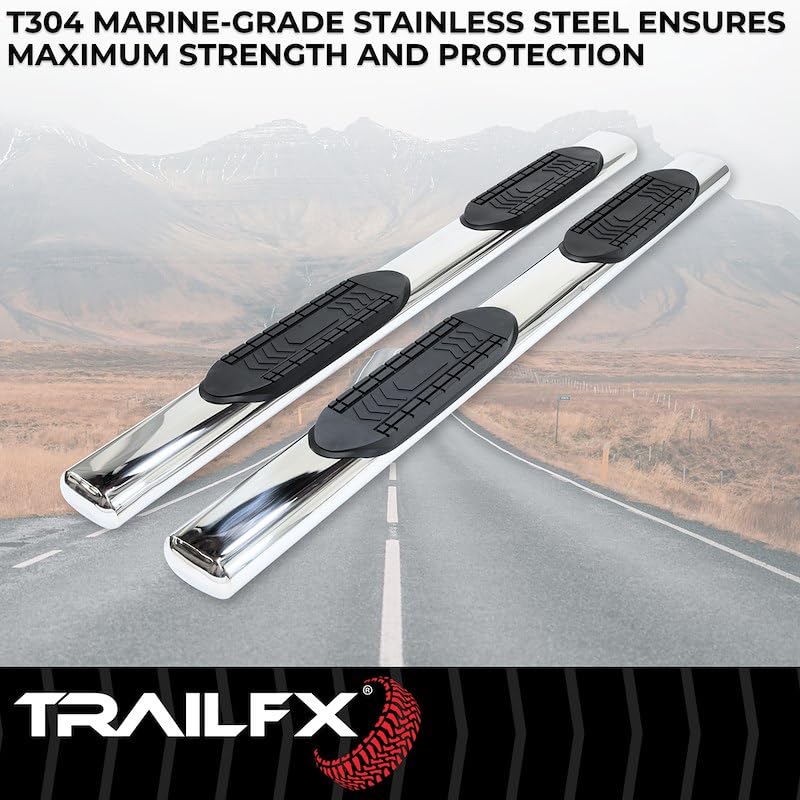 TrailFX A8223S Oval 6 Inch Fits Ford F-150 Crew Cab 2015-2026 Straight Side Bars with Step Pads Polished Stainless Steel Welded End Caps Rocker Panel Mount