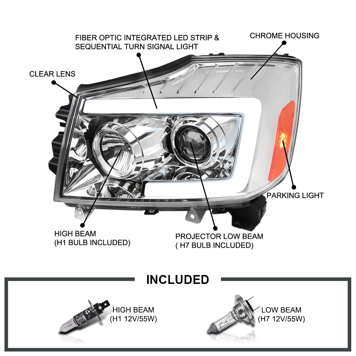 Chrome Projector Headlights SPEC-D TUNING w/Sequential LED Turn Signal Compatible with 2004-2015 Nissan Titan, 2004-2007 Nissan Armada, Left + Right Pair Headlamps Assembly