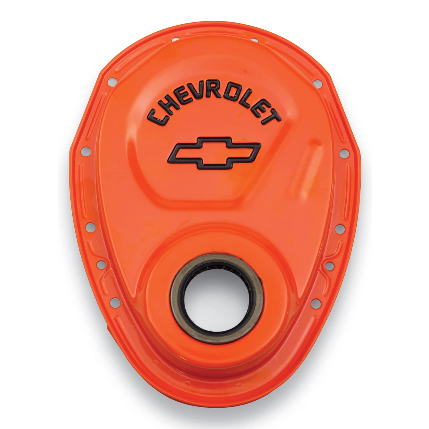 Proform 1-Piece Timing Cover, Seal Included, Chevrolet/Bowtie Logo, Steel, Orange Paint, compatible with Small Block Chevy, Each