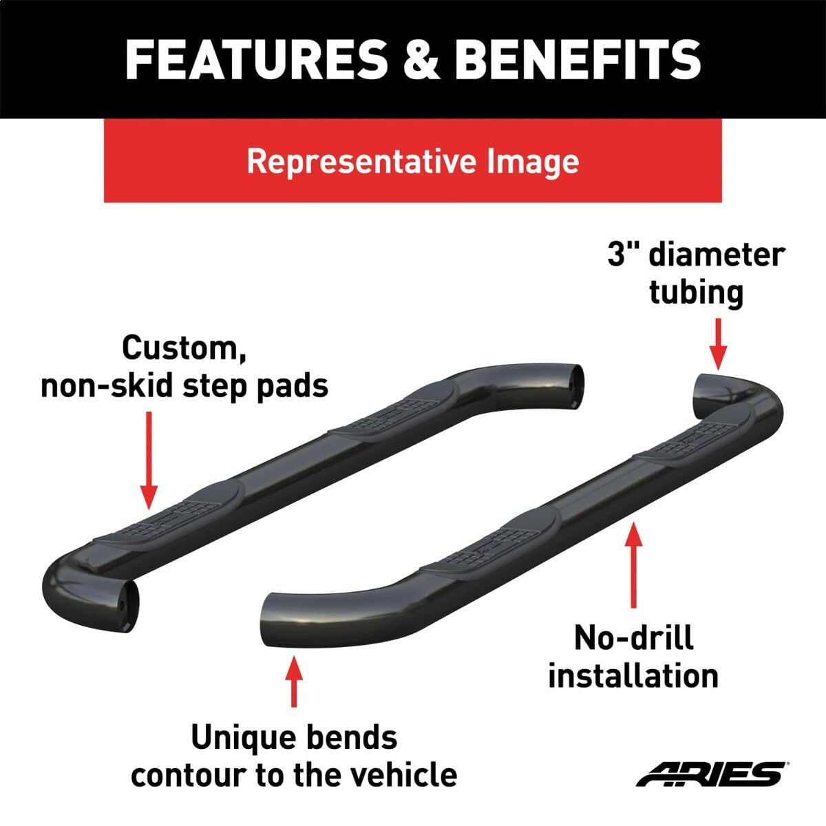 3-Inch Round Black Steel ARIES Nerf Bars, No-Drill, Fits Select Ford Bronco Sport