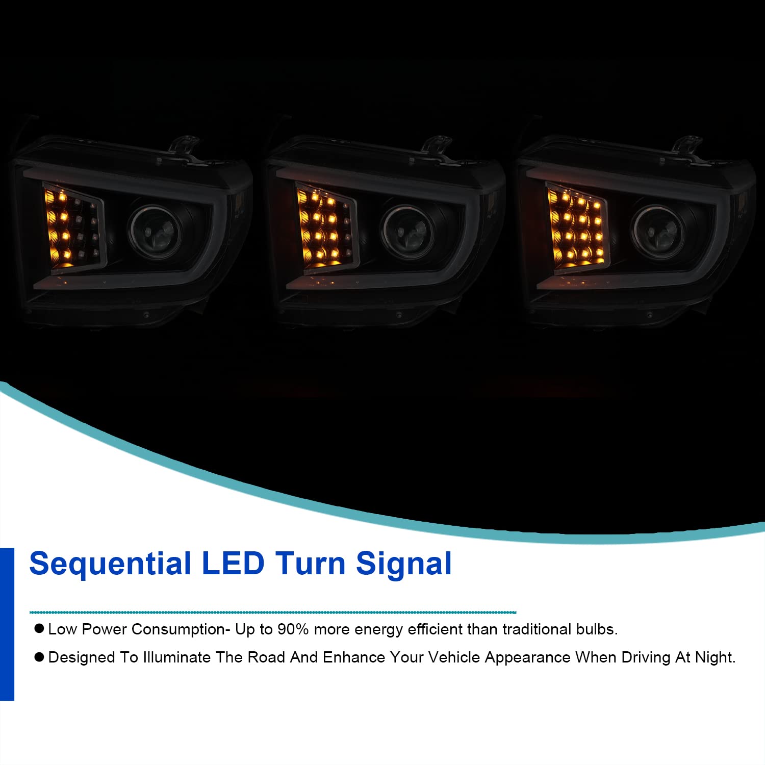 Spec-D Tuning LED Light Bar Clear Lens Black Housing Projector Headlights w/Sequential LED Signal Compatible with 2014-2021 Toyota Tundra, Left + Right Pair Headlamps Assembly