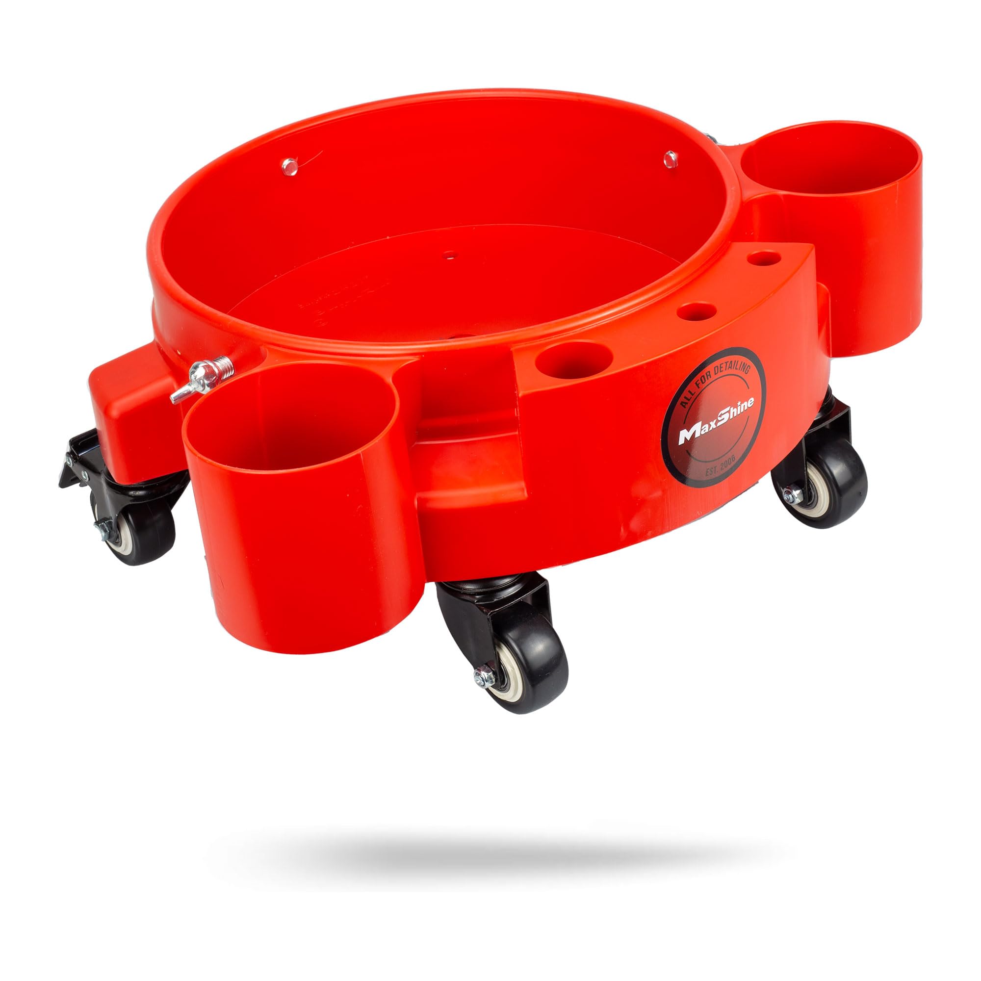 5 Gallon Maxshine Universal Rolling Bucket Dolly (Red) | Heavy-Duty Detailing Bucket Cart with 5 Wheels & 2 Locking Casters | Mobile Organizer for Compounds, Brushes & Car Wash Supplies