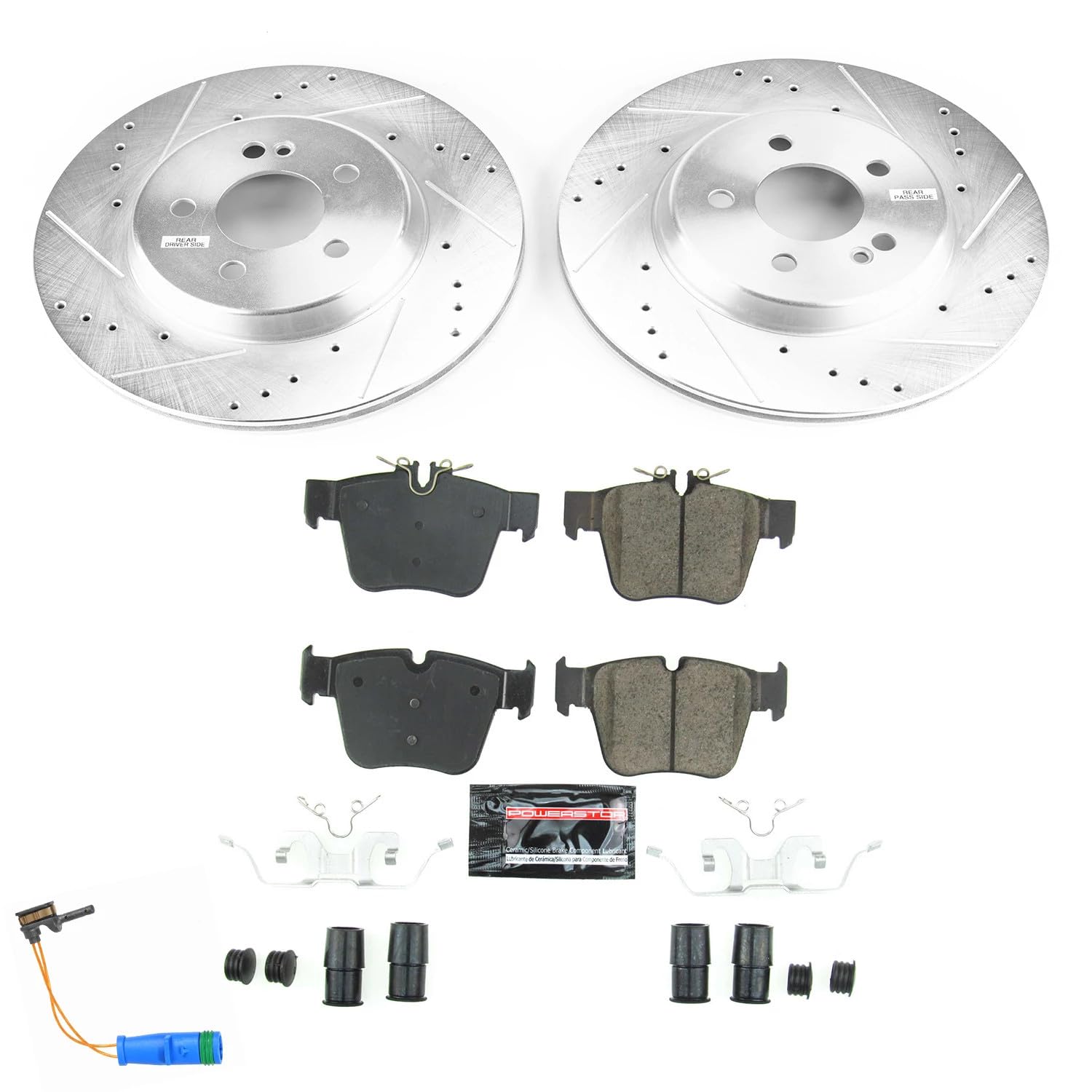 Rear Power Stop K7990 Z23 Carbon Fiber Brake Pads with Drilled & Slotted Brake Rotors Kit and 1 Rear Sensor Wire For C43 AMG, C450, GLC300, GLC350e, GLC43 AMG [Model Specific]