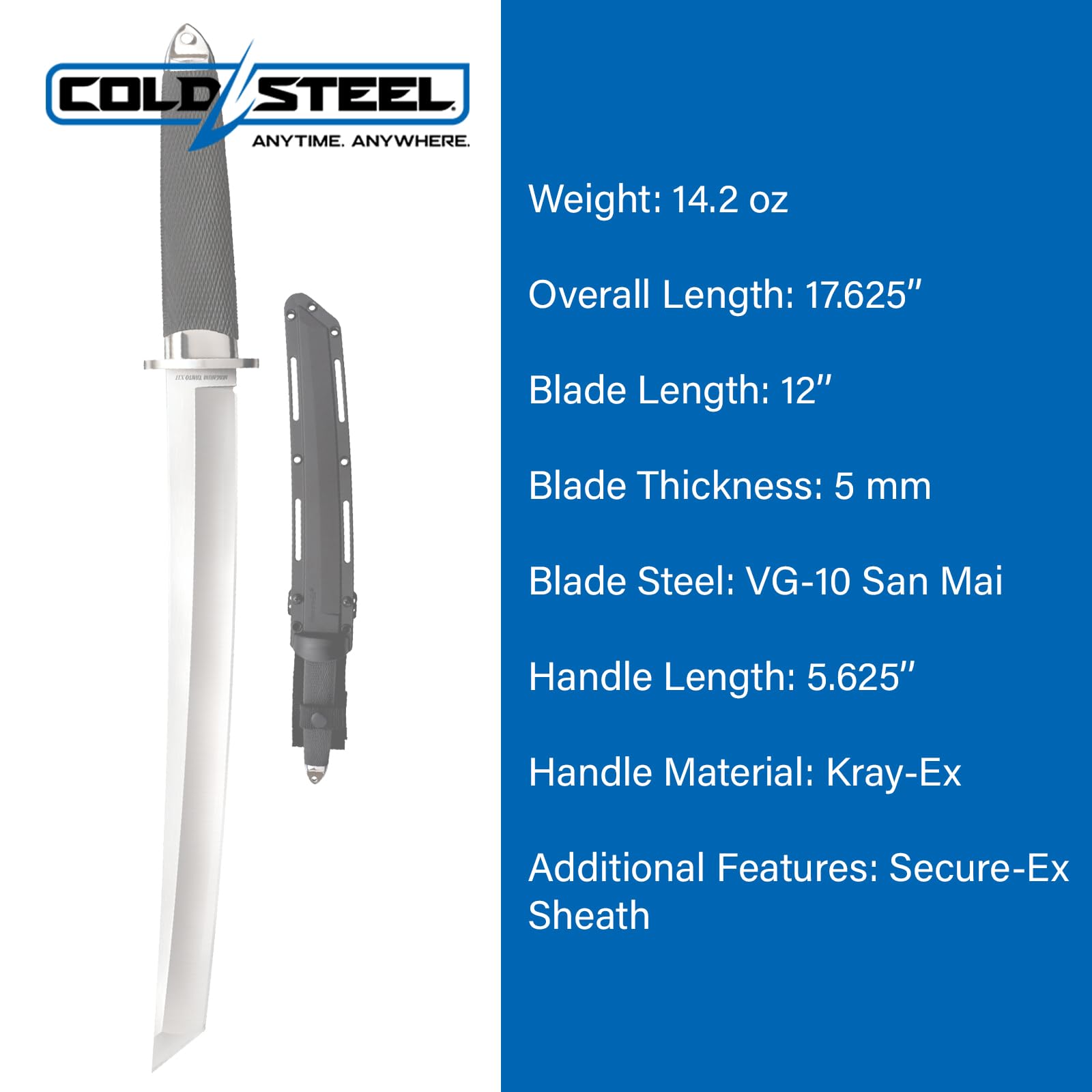 Cold Steel Tanto Magnum 12" VG-10 San Mai Razor-Sharp Blade 5.625" Kray-Ex Handle Military Tactical Fixed Blade Knife w/Secure-Ex Sheath