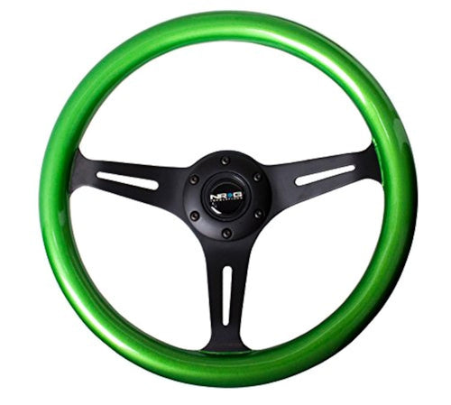 NRG Innovations Steering Wheel NRG-ST-015BK-GN - 350mm 25mm Deep Configuration, Classic Wood Grain Wheel, 3 Black Spokes, Green Pearl/Flake Paint