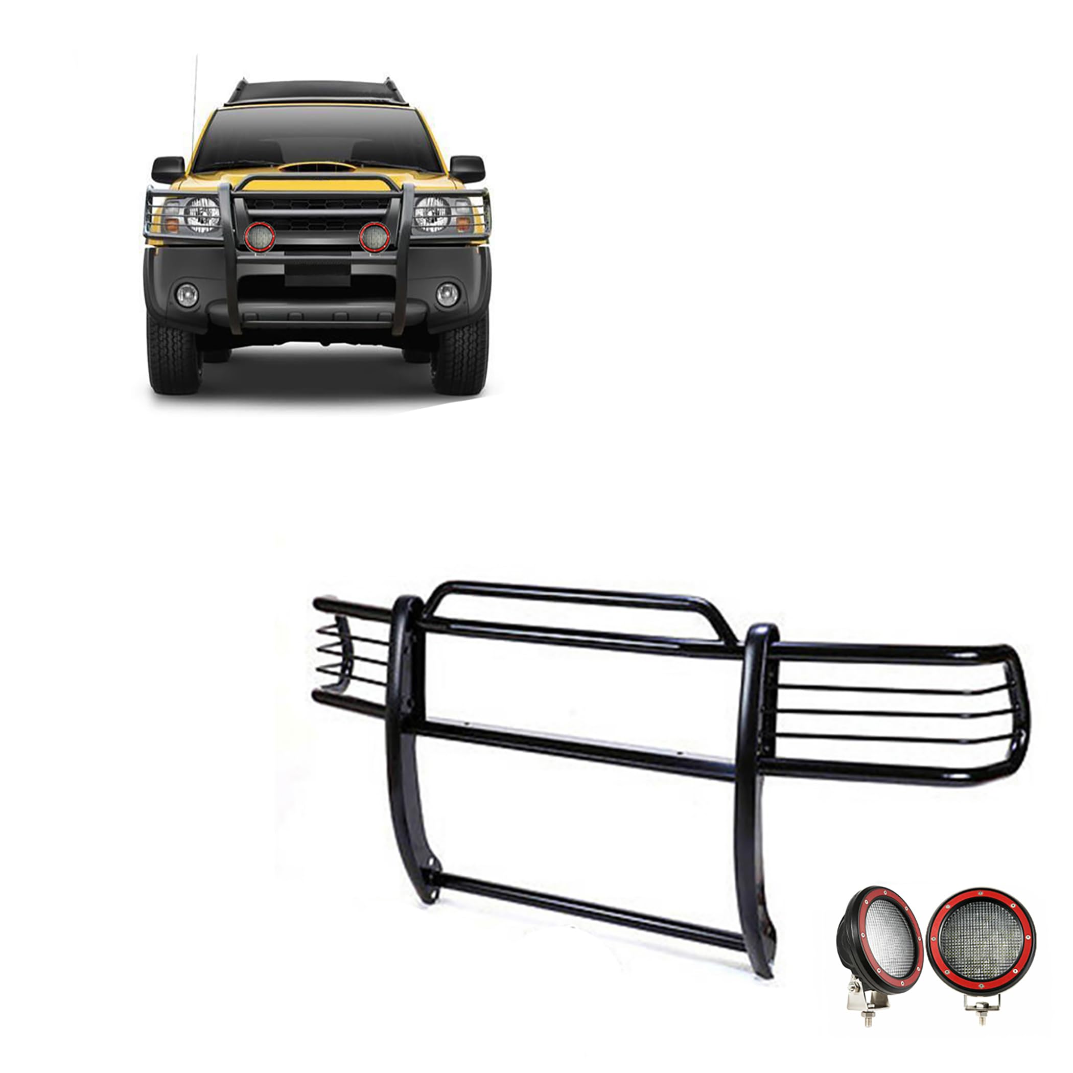 Grille Brush Black Horse Bumper Guard Modular Black Come with Pair of 5.3" Dia.LED Lights with Red Trim Rings Compatible with 2000-2004 Nissan Frontier|2000-2004 Nissan Xterra-17NI26MA-PLFR