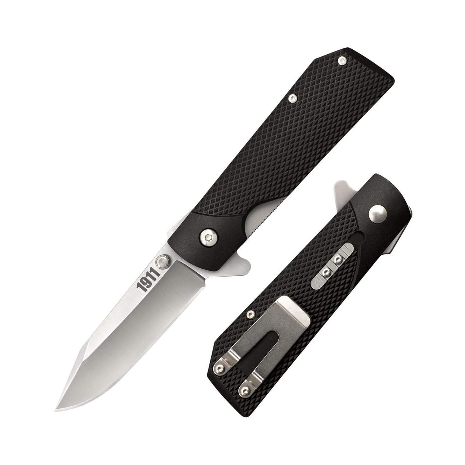1911 Cold Steel Folding Knife with Liner Lock, Checkered Griv-Ex Handle, Ambidextrous Pocket Clip, and Flipper, Silver & Black