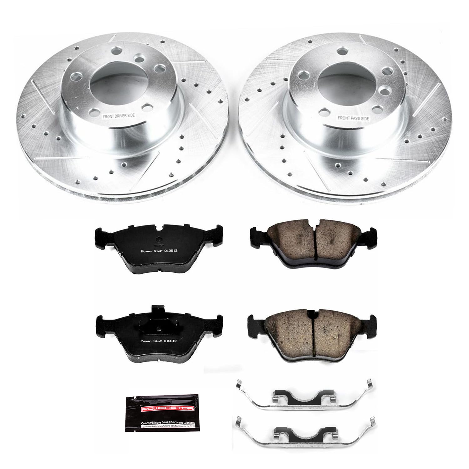 Power Stop K628 Front Brake Pads Z23 Carbon Fiber with Drilled & Slotted Brake Rotors Kit and 1 Front Sensor Wire For BMW 525i 2001-2003, BMW 528i 1997-2000 [Model Specific]