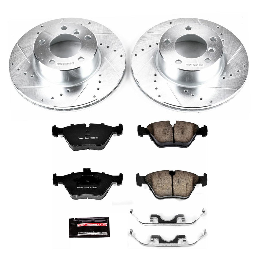 Power Stop K628 Front Brake Pads Z23 Carbon Fiber with Drilled & Slotted Brake Rotors Kit and 1 Front Sensor Wire For BMW 525i 2001-2003, BMW 528i 1997-2000 [Model Specific]