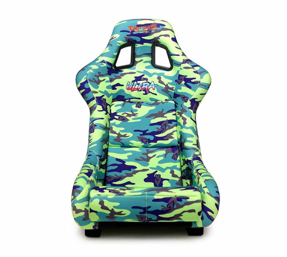 NRG Innovations Prisma NRG-FRP-302-GIJ Fixed Back Bucket Seat wBottom Mount,Green Camo Print Fabric/Green Sparkle Back