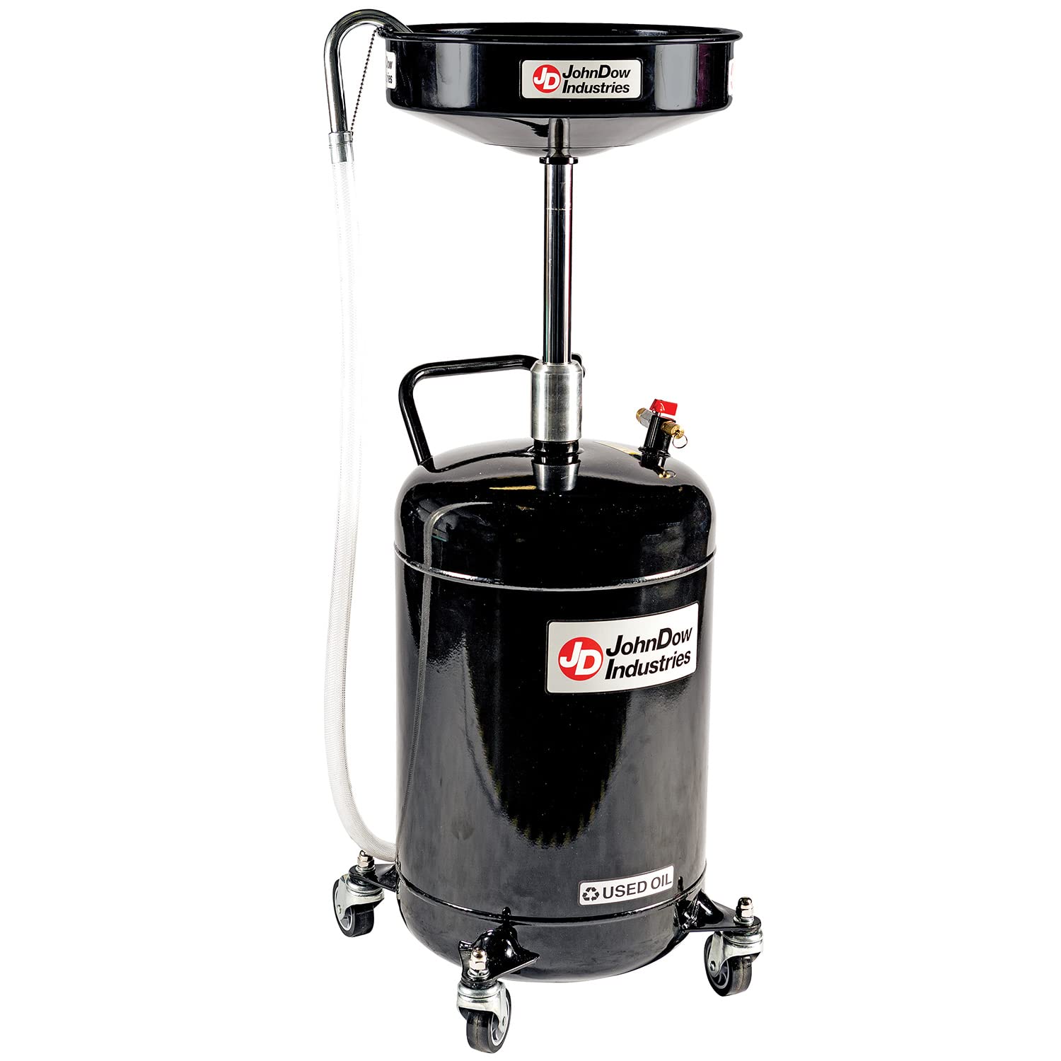JDI-18DC JohnDow Industries 18 Gallon Air-Operated Self-Evacuating Portable Oil Drain, 16 inch Diameter Funnel, Adjustable Funnel Height of 36.5 in to 59 in. 6 Foot Nylon Reinforced Discharge Hose