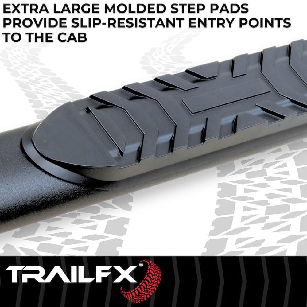 TrailFX 4 Inch Oval Side Steps with Step Pads Bent Nerf Bar Titanium Black Powder-Coated Steel, Welded End Caps, Rocker Panel Mount, Slip-Resistant, Set of 2 TrailFX A1002B