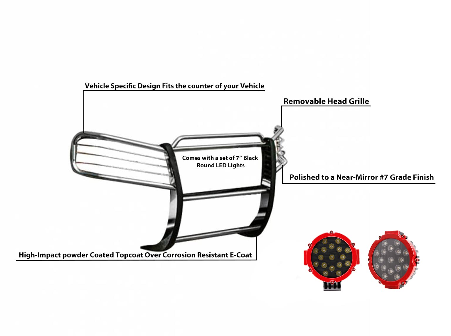Grille Brush Black Horse Bumper Guard Modular Stainless Steel Come with Pair of 7.0" Dia.LED Lights with Red Trim Rings Compatible with 2002-2009 GMC Envoy-17GD26MSS-PLR