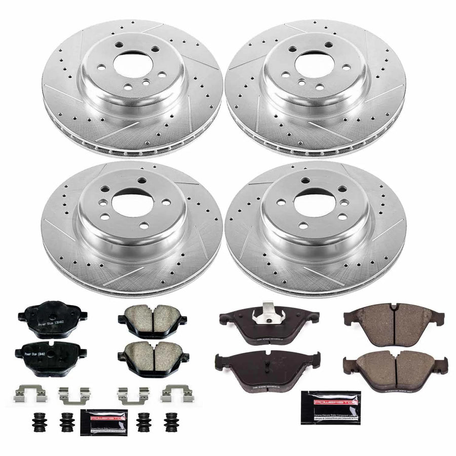 Power Stop K6582 Z23 Carbon Fiber Brake Pads Front and Rear with Drilled & Slotted Brake Rotors Kit For BMW 535i xDrive 2011 [Model Specific]