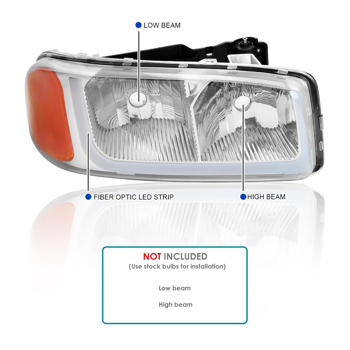 Headlights Lamps+LED Tube Strip SPEC-D TUNING Compatible with 1999-2006 GMC Sierra 1500/2500/3500, L+R Pair Head Light Lamp Assembly