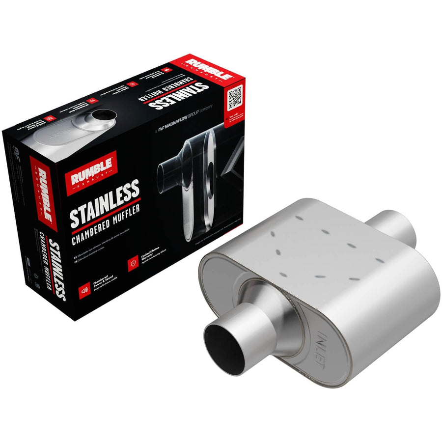 Exhaust Rumble Chambered Performance Muffler R37426: Center/Center, 2.5" / 2.5" Inlet/Outlet, 4.25 x 9.5 x 6.5 Oval, Stainless Steel, Classic American Muscle Sound