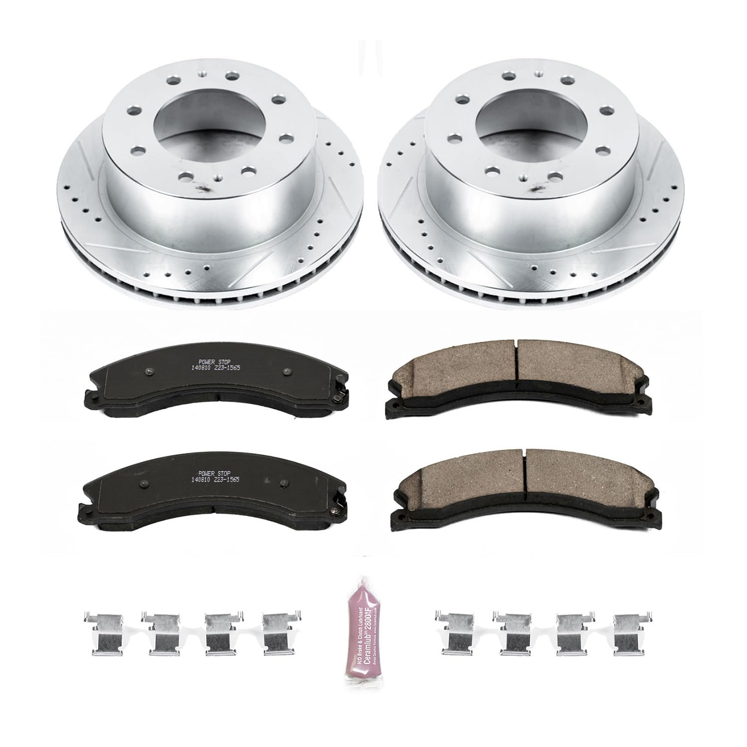 Rear Power Stop K6993 Z23 Carbon Fiber Brake Pads with Drilled and Slotted Brake Rotors Kit For 2015 2016 Chevy Silverado 2500 Sierra 2500