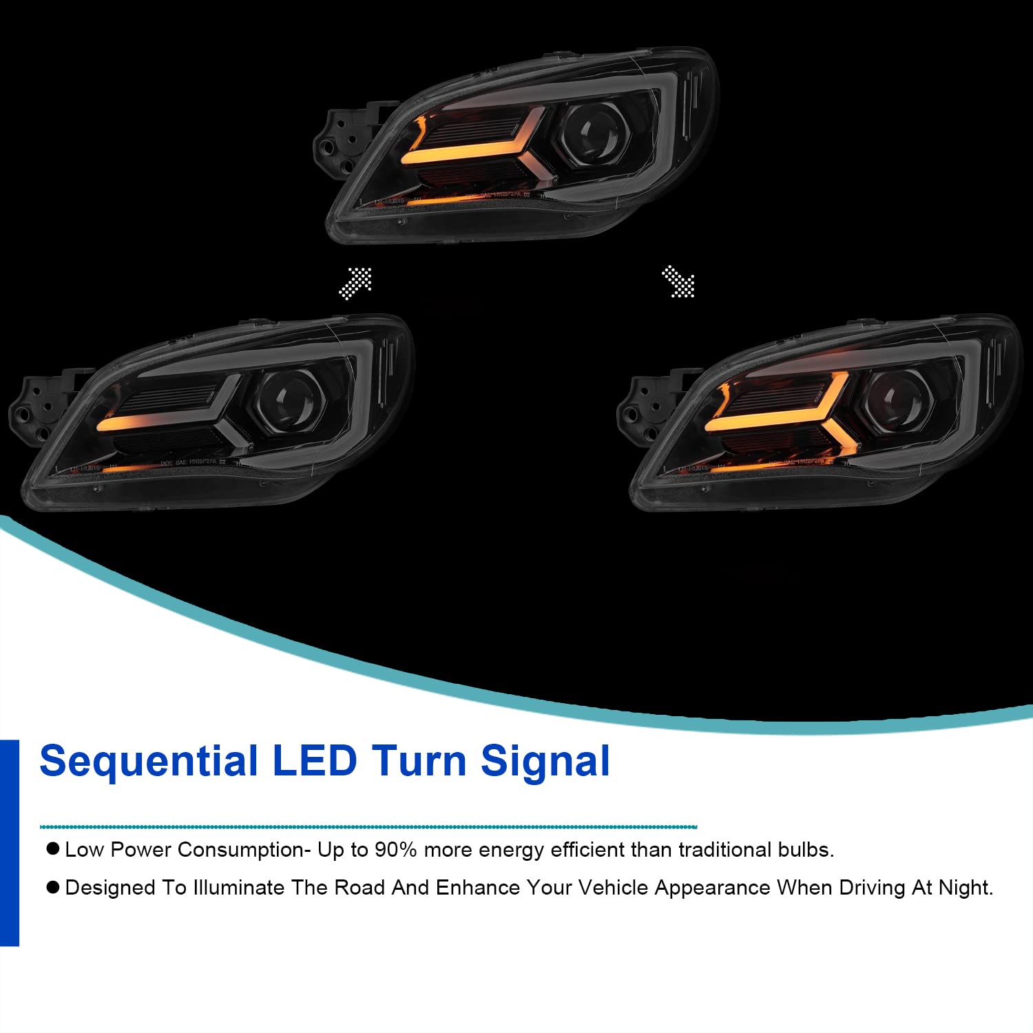 Jet Black SPEC-D TUNING Projector Headlights w/Sequential LED Turn Signal Compatible with 2006-2007 Subaru Impreza WRX/STI Models Only, Left + Right Pair Headlamp Assembly